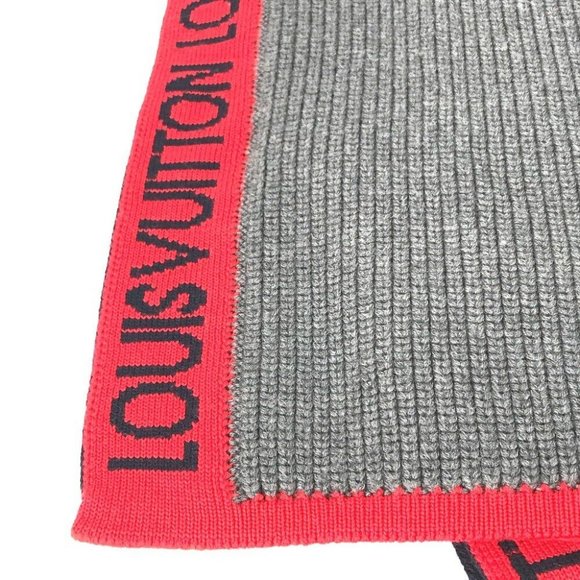 Auth LOUIS VUITTON M71255 Echarpes LV generation Scarf wool gray/Red - Picture 7 of 9